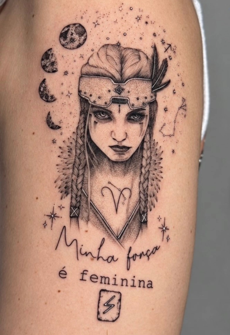 Tatuagem de guerreira com luas e a frase Minha força é feminina