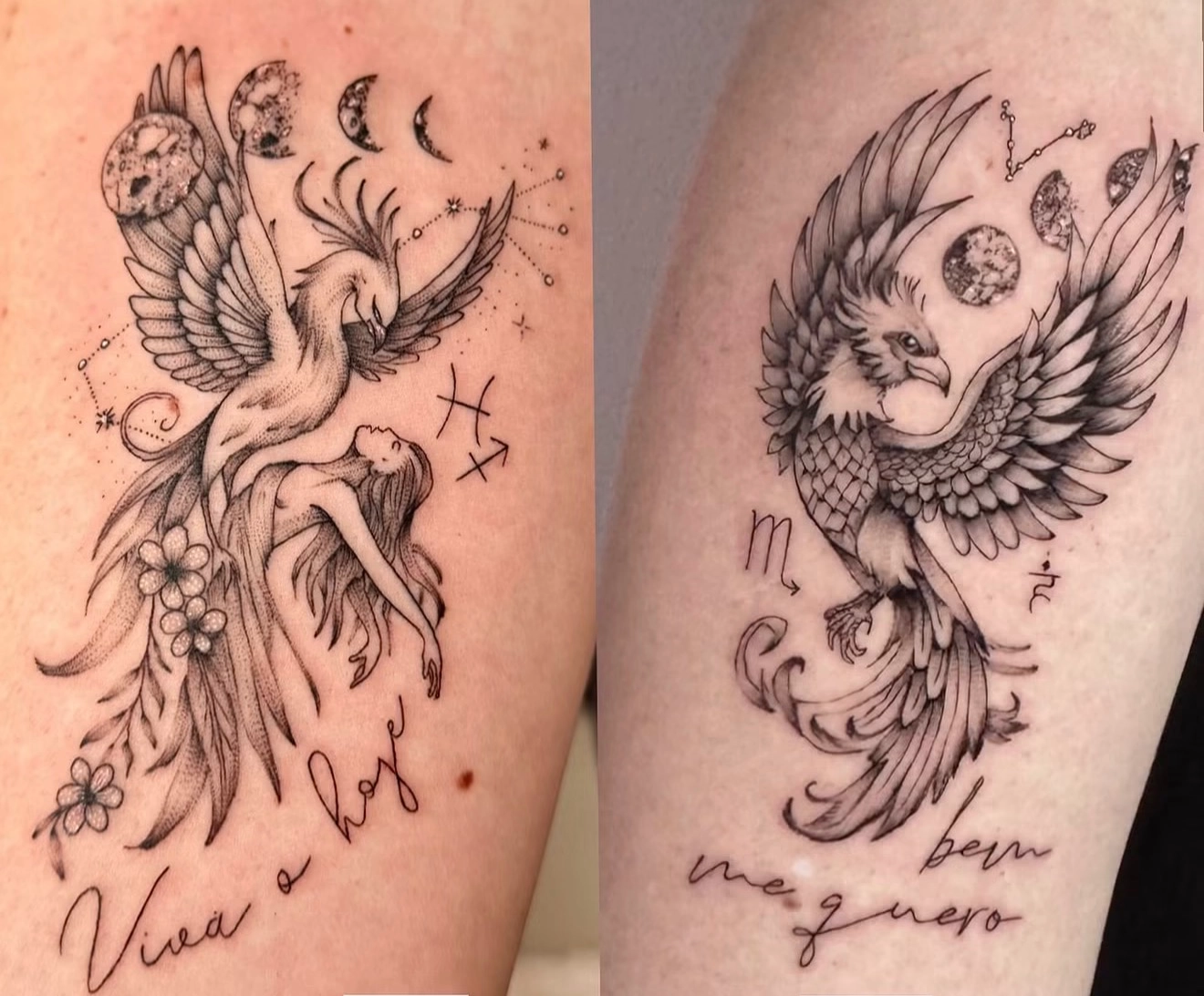 Dois trabalhos de tatuagem com aves, luas e símbolos astrológicos