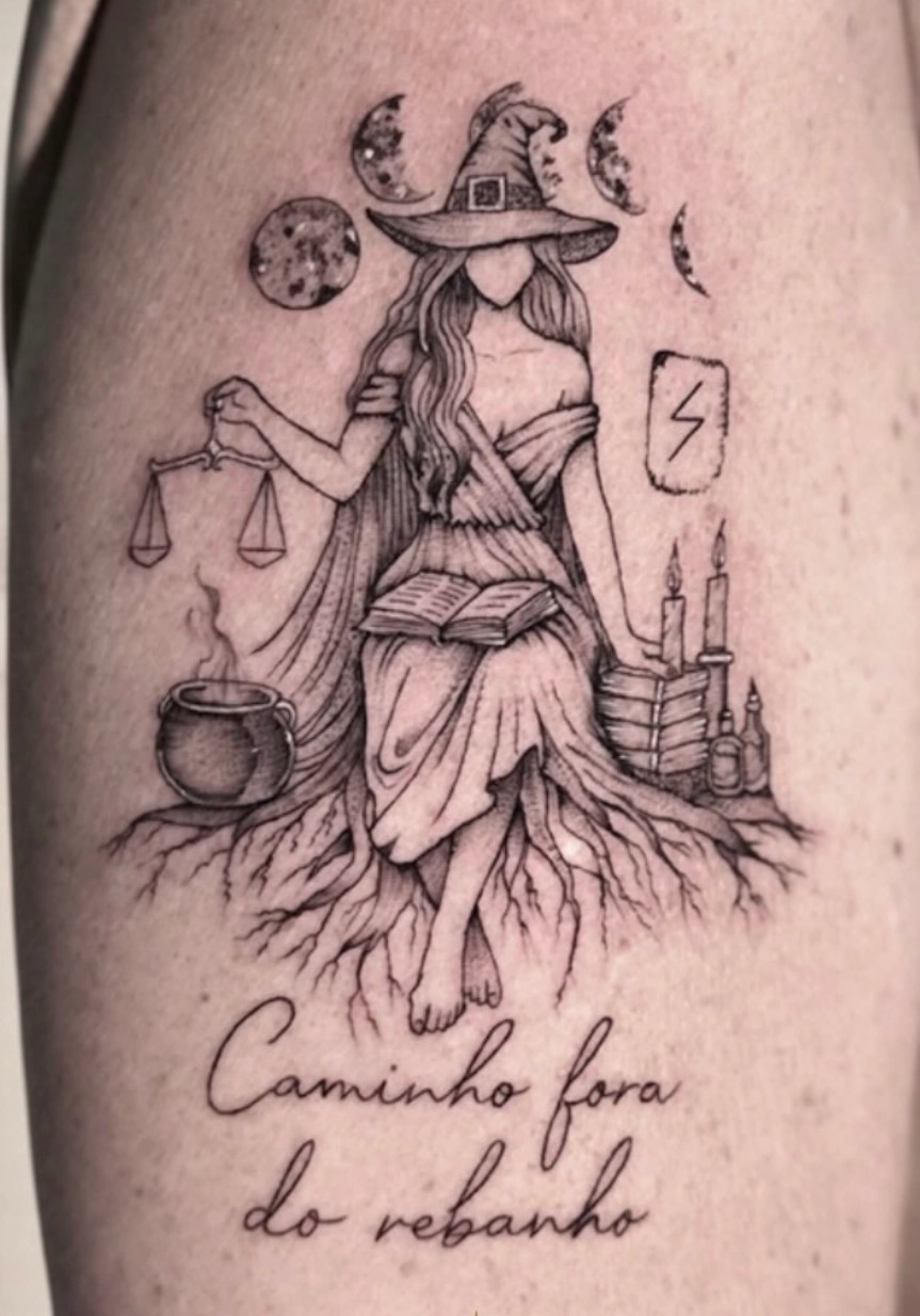 Tatuagem de mulher com livros, balança e a frase Caminho fora do rebanho